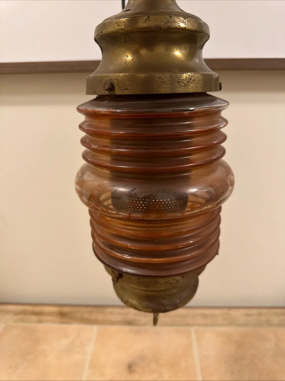 Vintage Brass Nautical Red Glass Electric Hanging Pendant Lamp